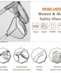 Diagram of unisex anti fog safety glasses with blue light blocking, highlighting adjustable hinges and visual features.