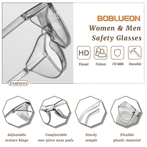 Diagram of unisex anti fog safety glasses with blue light blocking, highlighting adjustable hinges and visual features.
