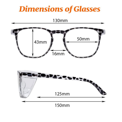 Unisex Anti Fog Safety Glasses With Blue Light Blocking Eye Protection Pack Of 2, front and side dimensions shown in mm