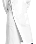 Unisex Lab Coat With Cuffed Sleeves And Snap Closure For Men And Women 43 Inch Length, model wearing white coat, full view