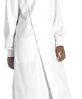 Woman wearing Unisex Lab Coat With Cuffed Sleeves And Snap Closure For Men And Women 43 Inch Length Classic Fit Premium Howie Style
