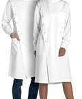 Two models wearing Unisex Lab Coat With Cuffed Sleeves And Snap Closure For Men And Women 43 Inch Length Classic Fit