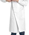 Unisex Lab Coat With Cuffed Sleeves And Snap Closure For Men And Women 43 Inch Length Classic Fit Premium Howie Style Dr James Durable Poly Cotton Blend Breathable Comfort Professional Medical Apparel. Person wearing lab coat.