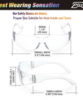 Diagram showing 28 Pack Unisex Safety Glasses With Impact Resistant Lenses ANSI Z87.1 Certified with dimensions.