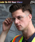 Man adjusting 28 Pack Unisex Safety Glasses With Impact Resistant Lenses ANSI Z87.1 Certified, wearing safety vest.
