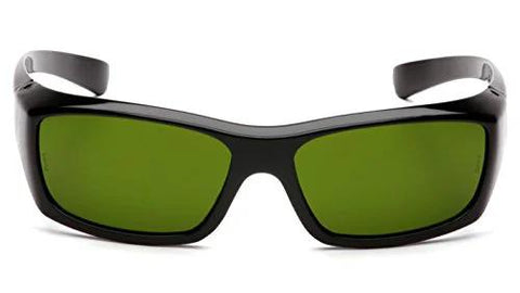 Front view of Unisex Safety Glasses Shade 3.0 IR Filter Scratch Resistant Black Frame with green lenses