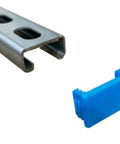 Low profile blue plastic safety end caps for Unistrut channel, 13/16 by 1-5/8 inches, 10 count with channel and cap visible
