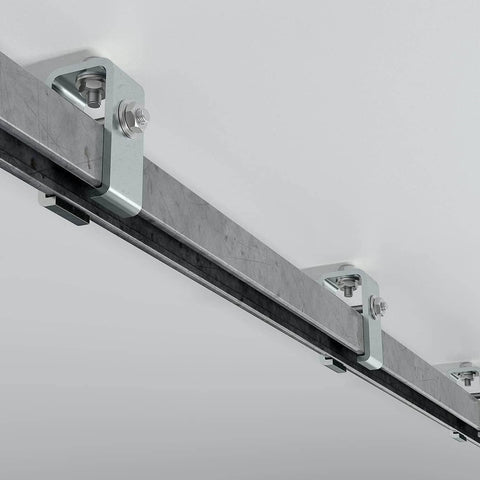 View of Unistrut Channel Trolley Track, 57 in, 12 Gauge Steel U-Channel, Galvanized Finish installed on ceiling for automation systems.