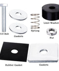 Components of 1-5/8 inch Unistrut trolley limit hardware for secure strut channels, including bolt, gaskets, and rubber pads.
