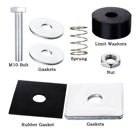 Components of 1-5/8 inch Unistrut trolley limit hardware for secure strut channels, including bolt, gaskets, and rubber pads.