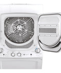 Open view of compact 27 inch unitized washer and electric dryer in one space-saving cabinet with controls and dryer door