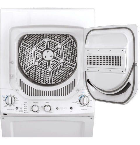 Open view of compact 27 inch unitized washer and electric dryer in one space-saving cabinet with controls and dryer door