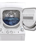 Compact 27 inch unitized washer and electric dryer in one space-saving cabinet with open dryer door showing laundry inside