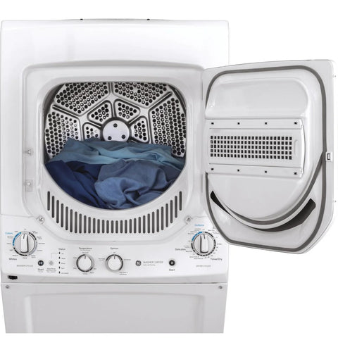 Compact 27 inch unitized washer and electric dryer in one space-saving cabinet with open dryer door showing laundry inside