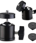 Two Universal 1/4 Inch Swivel Mini Ball Head Mounts with Hot Shoe Adapters, black aluminum, 360-degree rotation, compatible with tripods
