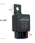 Universal 12V 40Amp 4 Pin SPST Replacement Relay in black fire-retardant housing, measurements shown, part of 5 pack for auto upgrades.