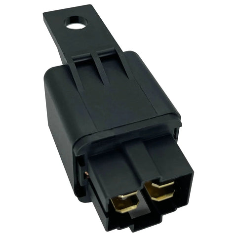 Close-up of Universal 12V 40Amp 4 Pin SPST Replacement Relay in black housing for car alarms and electrical upgrades.