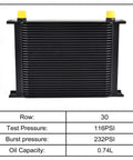 Universal 30 Row Oil Cooler With 10AN Stacked Plate Design for transmission and engine cooling, black finish, 0.74L capacity.