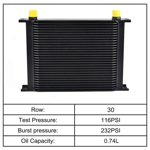 Universal 30 Row Oil Cooler With 10AN Stacked Plate Design for transmission and engine cooling, black finish, 0.74L capacity.
