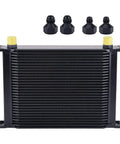 Universal 30 Row Oil Cooler With 10AN Stacked Plate Design in beefy aluminum black finish shown with four fittings included