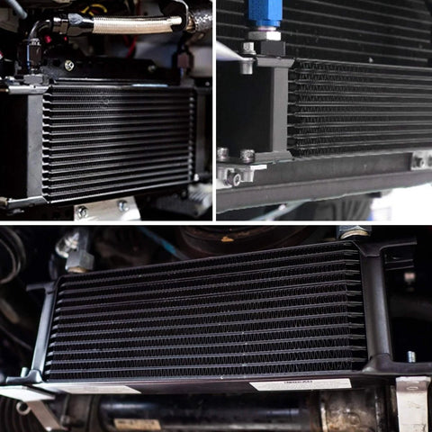 Universal 30 Row Oil Cooler With 10AN Stacked Plate Design for transmission and engine cooling, installed