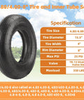 4.80/4.00-8 tire and inner tube set with TR-13 straight valve stem, fits 15.5-inch wheels, shown with specifications chart