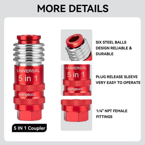 Pro Grade 5 In 1 Quick Connect Air Hose Fittings 1 Quarter Inch Body Size, red universal coupler with steel balls and sleeve