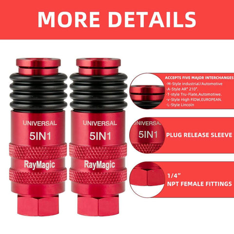 Five In One Universal Quick Connect Air Coupler For 1/4 Inch Female NPT, red body, six ball release sleeve, industrial hose fittings