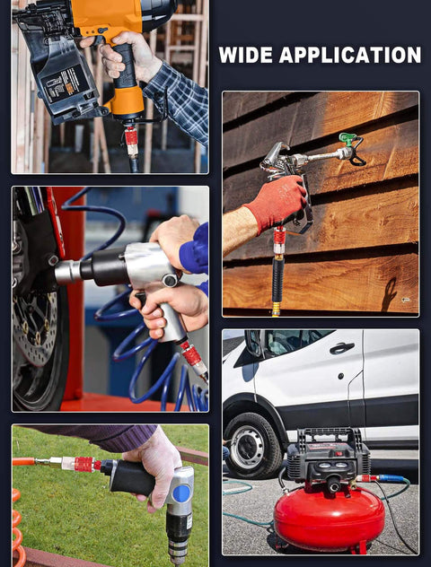 Various pneumatic tools connected using the Sixteen Piece Universal Air Hose Fittings And Quick Connect Kit for Air Compressors.