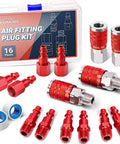 Sixteen Piece Universal Air Hose Fittings And Quick Connect Kit for Air Compressors, showing 16 red aluminum fittings with case