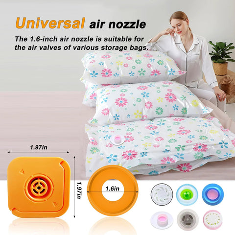 Universal air nozzle for vacuum storage bags with 1.6-inch valve compatibility for Portable Vacuum Storage Bag Pump Cordless Travel Electric Rechargeable Compression Vacuum Pump With 3X Quick Deflator 6.0 KPa And 600 L Per Minute Suction For Clothes Blankets And Luggage Perfect For Home Or On The Go.