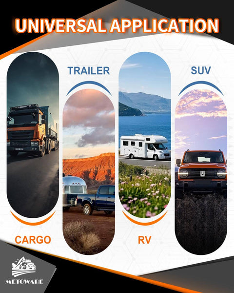 Image showing diverse vehicles: cargo truck, trailer, RV, and SUV, suggesting universal application for products.