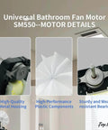 SM550 Universal Bathroom Vent Exhaust Fan Motor Replacement Kit SM550 Compatible, plastic components, metal housing, bearing detail