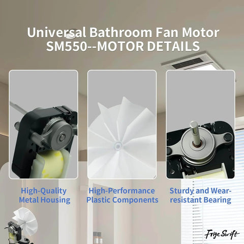 SM550 Universal Bathroom Vent Exhaust Fan Motor Replacement Kit SM550 Compatible, plastic components, metal housing, bearing detail