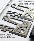 Universal 3.0 Card Multitool With 60 Plus Tools in 440C Stainless Steel showing knife edge and wrenches on a white background