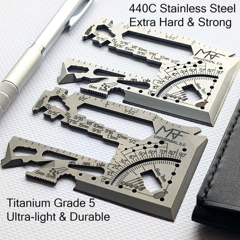 Universal 3.0 Card Multitool With 60 Plus Tools in 440C Stainless Steel showing knife edge and wrenches on a white background