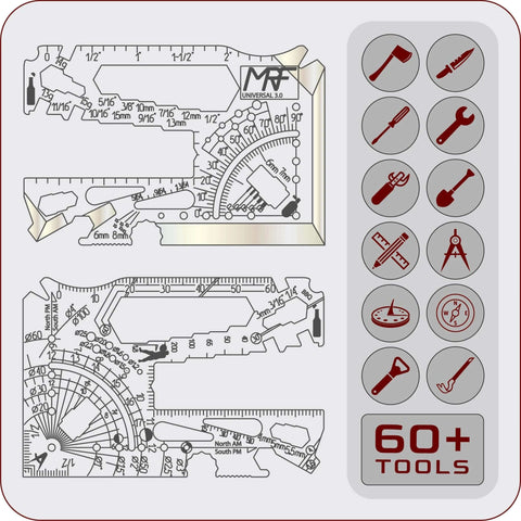 Universal 3.0 Card Multitool With 60 Plus Tools In 440C Stainless Steel, featuring diagrams and icons for EDC and outdoor uses.