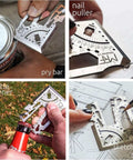 Universal 3.0 Card Multitool with 60 plus tools in 440C stainless steel shown as pry bar, nail puller, bottle opener, and sketching tool.