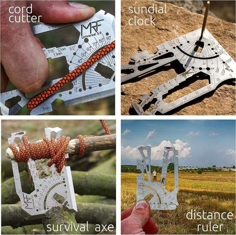 Universal 3.0 Card Multitool with 60 plus tools in 440C stainless steel showing cord cutter, sundial clock, survival axe, and distance ruler.