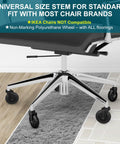 Office chair caster wheels on various flooring types showing universal stem size compatibility, except for IKEA chairs.