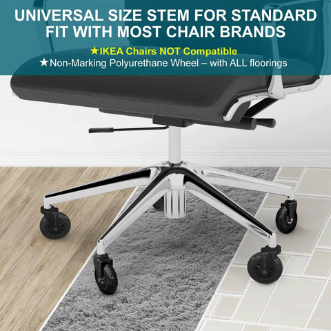 Office chair caster wheels on various flooring types showing universal stem size compatibility, except for IKEA chairs.