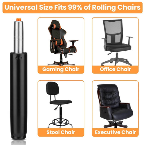 Universal chair cylinder for gaming, office, stool, and executive chairs, fitting 99% of rolling models.