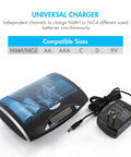 Smart Universal Charger With LCD And 32 NiMH Rechargeable AA AAA C D Batteries showing charger with power adapter.