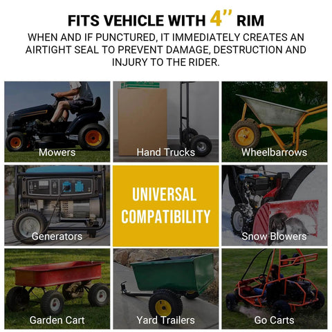 Universal compatibility chart for 4.10/3.50-4 Heavy Duty Inner Tubes with TR-87 Bent Valve Stem, showing use with various equipment.