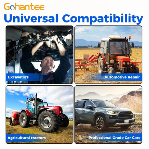 Image collage showing universal compatibility of automotive and agricultural equipment with grease gun accessory kit.