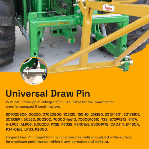 Beefed Up Heavy Duty Six Pack Cat 1 Draw Pin Hitch Accessories For Tractors Five And A Half Inch Universal Forged Lift Arm Pins installed on tractor