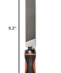 Adjustable universal file handle clamps to tool tang and fits multiple file sizes without inserts, pictured with attached file.