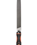 Adjustable universal file handle clamps to tool tang and fits multiple file sizes, showing a secure grip and metal file attachment