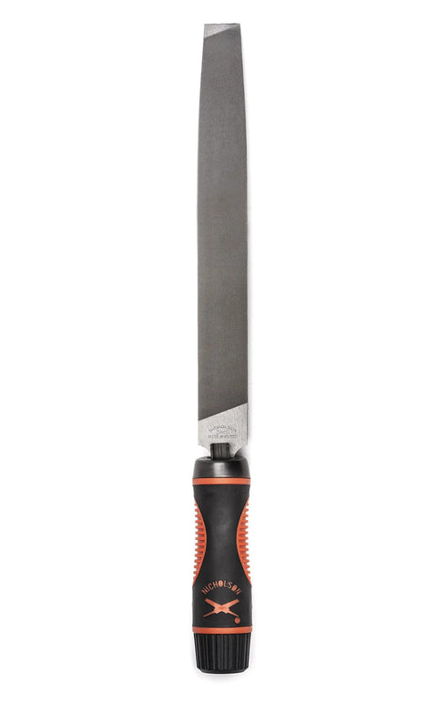 Adjustable universal file handle clamps to tool tang and fits multiple file sizes, showing a secure grip and metal file attachment