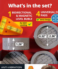 Set includes bidirectional magnetic level bubble and four universal fit pads with brick design, dimensions shown.